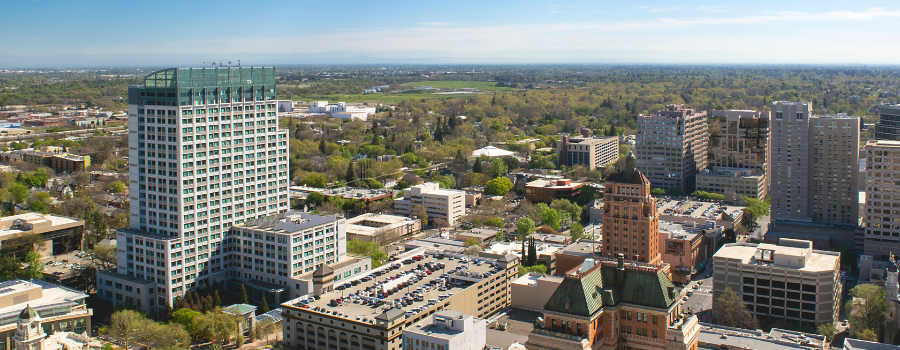 A photo of the downtown Sacramento with the CalEPA building