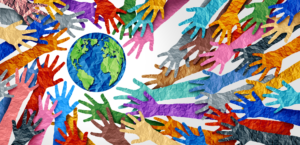 An image of multicolored hands surrounded the Earth.