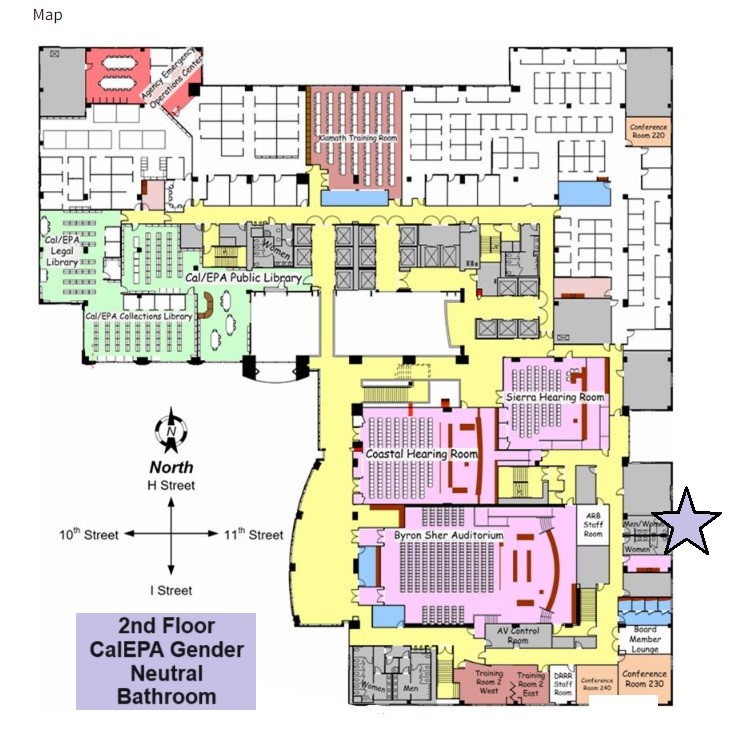 A map of the 2nd floor of the CalEPA headquarters building showing where the gender-neutral bathroom is.